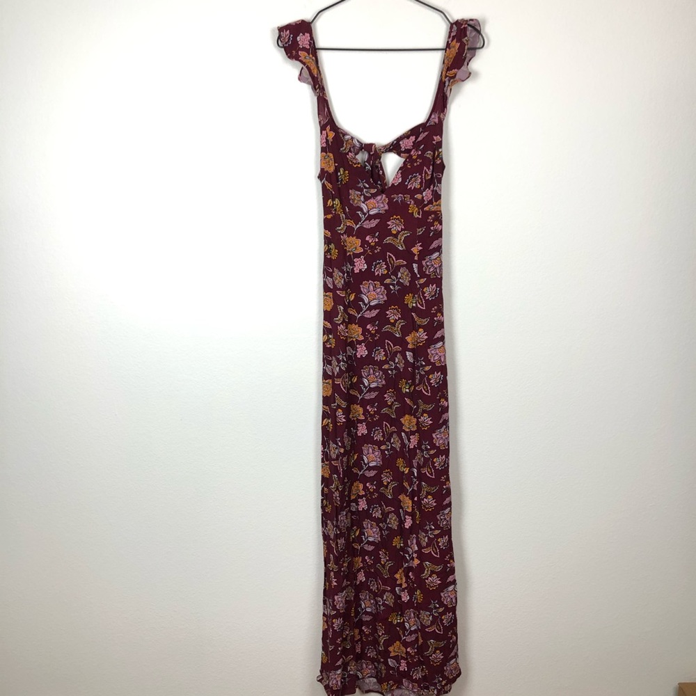 Lulu’s Burgundy Floral Print Maxi Dress Tie Back S - Picture 3 of 11